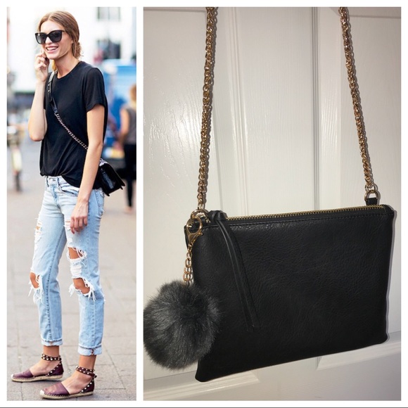 Handbags - Black Faux Leather Crossbody W/ Fur Puff Charm